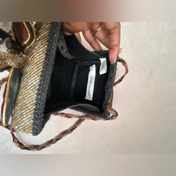 Mary Frances Elegant Gold Burgundy Beaded Velvet Trim Dragonfly Crossbody Purse - Picture 9 of 12